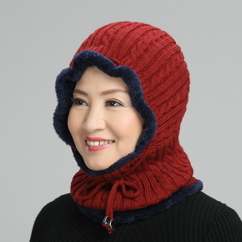 护脸针织加绒保暖中老年包头帽
