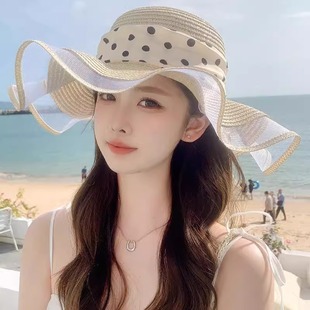 小清新甜美波點折疊遮陽草帽時尚 海邊度假太陽帽女波浪邊 韓版 夏季