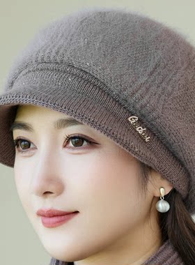 新款中老年人帽子围脖女士秋冬天奶奶妈妈毛线帽加绒保暖防寒棉帽
