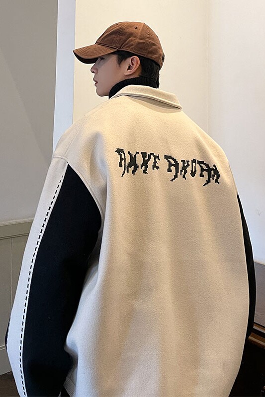 毛呢撞色拼接外套秋冬翻领印花棒球服上衣799P110,女装短外套,电商A458A
