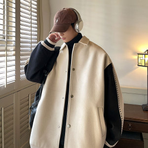 毛呢撞色拼接外套 秋冬翻领印花棒球服上衣799 P110图片