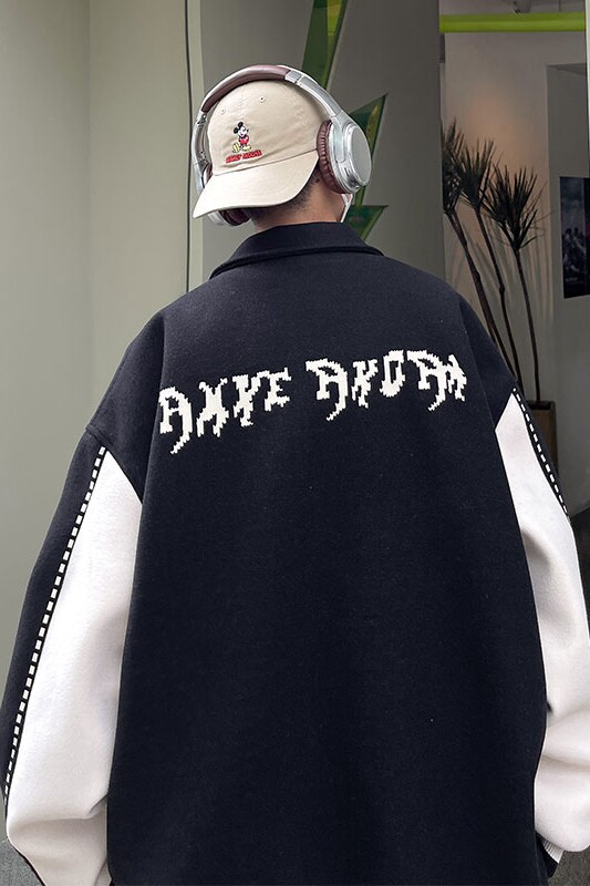 毛呢撞色拼接外套秋冬翻领印花棒球服上衣799P110,女装短外套,电商A458A