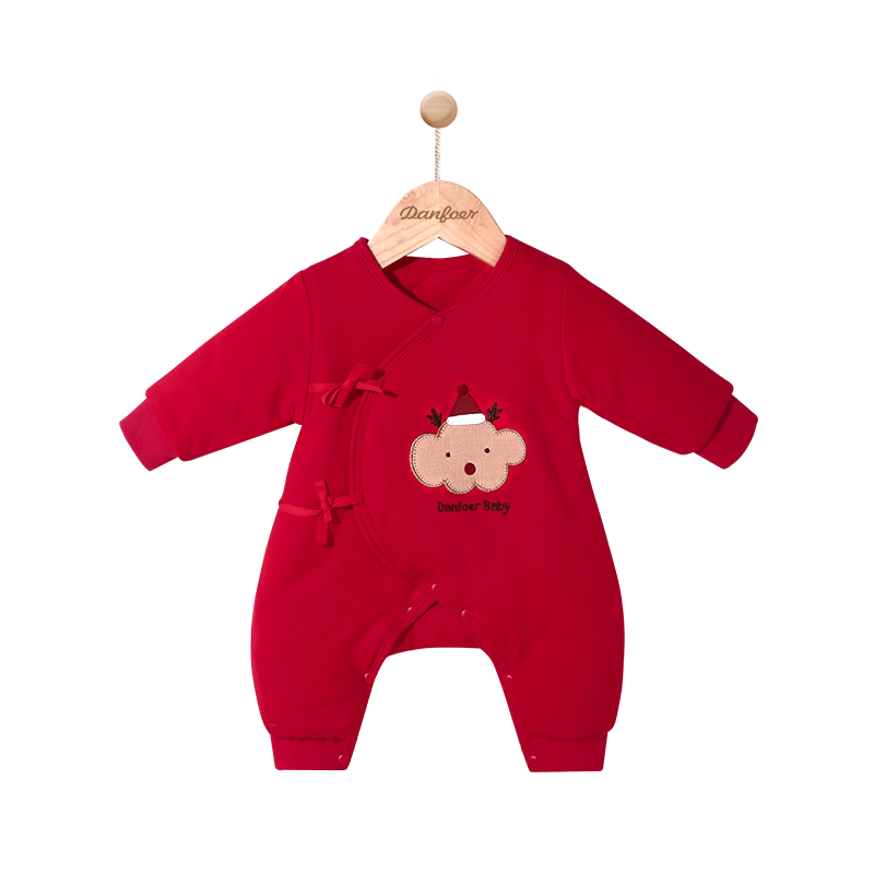 满月新生儿连体衣服红色秋冬夹棉
