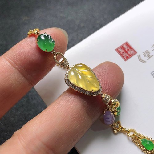 2025天然缅甸翡翠A货冰种黄翡叶子阳绿紫罗兰多宝18k金0729GM104