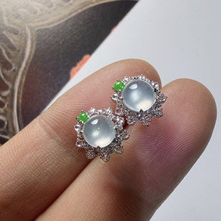 2026天然缅甸翡翠A货高冰种白冰蛋面耳钉耳饰18k金镶嵌0325HX102