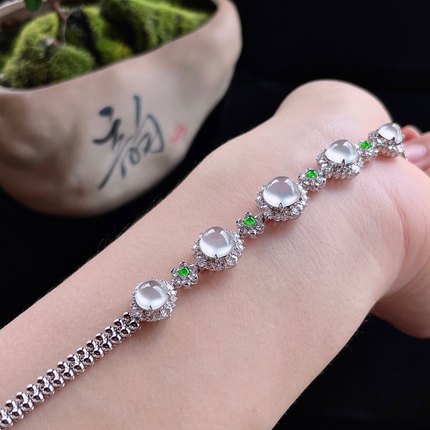 2025天然缅甸翡翠A货高冰白冰蛋面手链18k金镶嵌0515ZC107