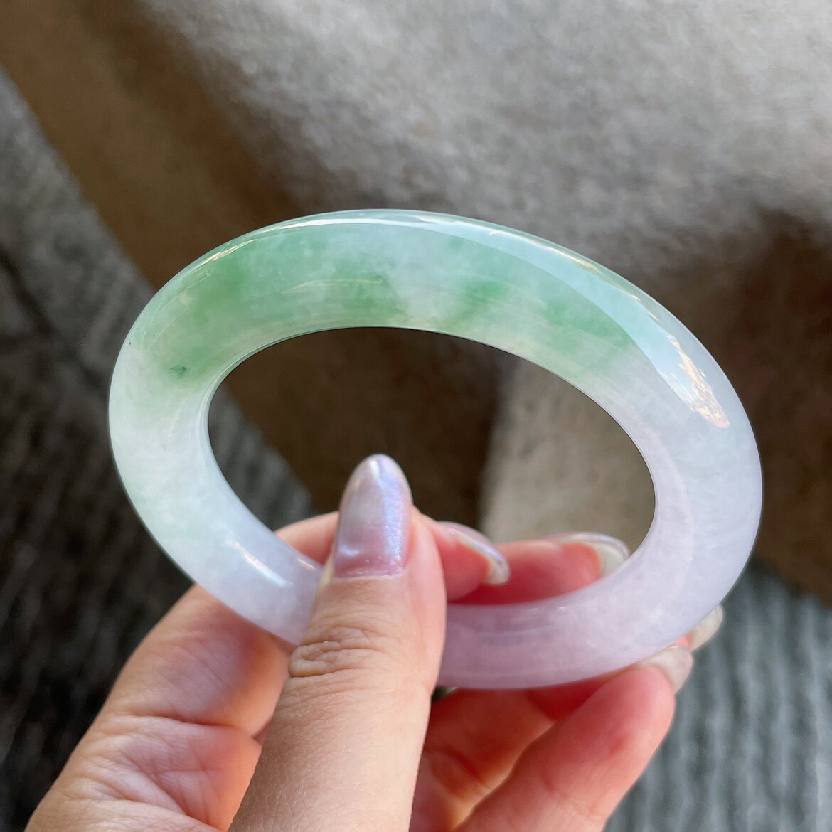 2025天然缅甸翡翠A货冰种飘绿花圆条手镯55圈口1125G10