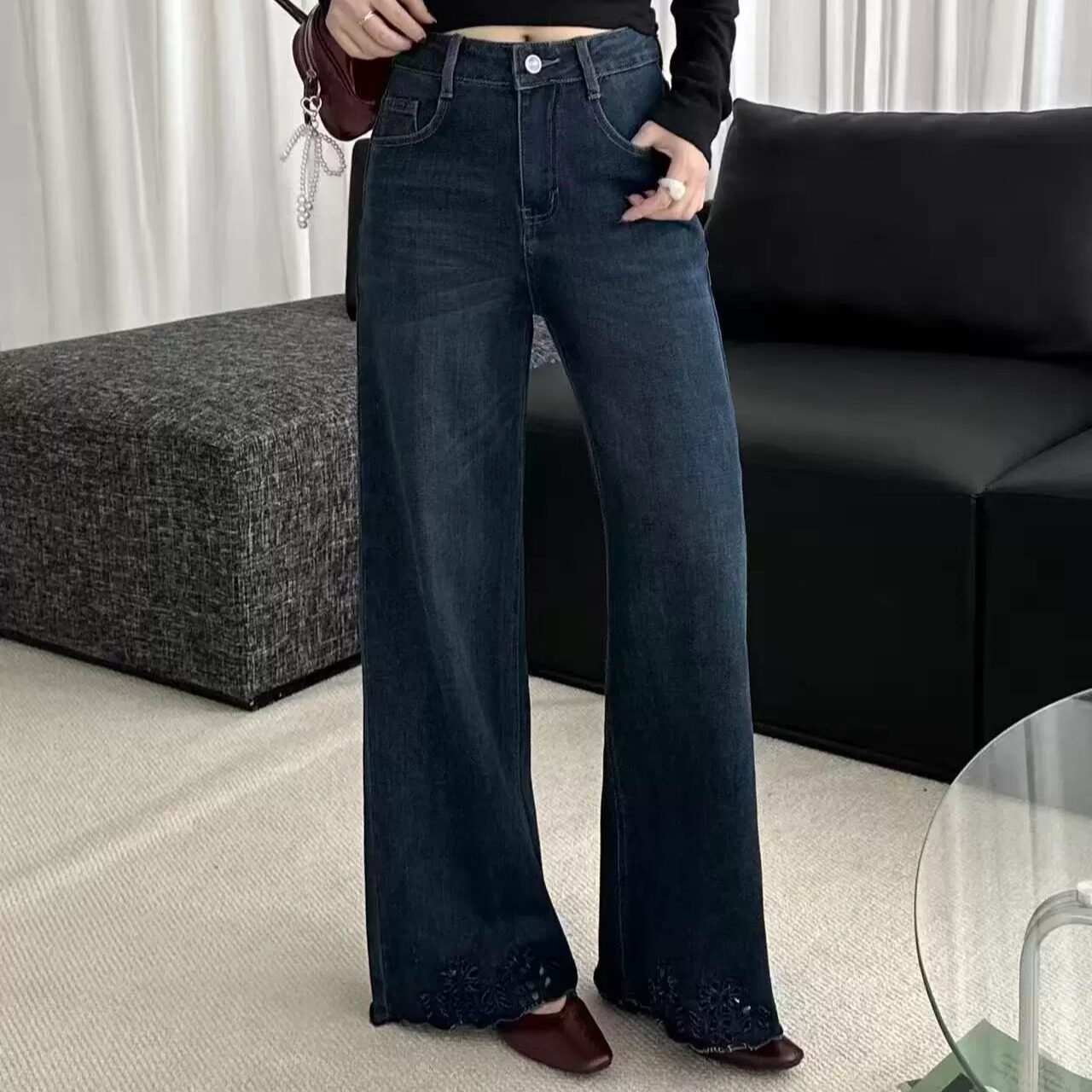 高腰阔腿显瘦深蓝垂感牛仔裤女