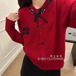 领口镶钻蝴蝶结亮片羊毛针织衫短款小香风红色毛衣女秋冬2025新款