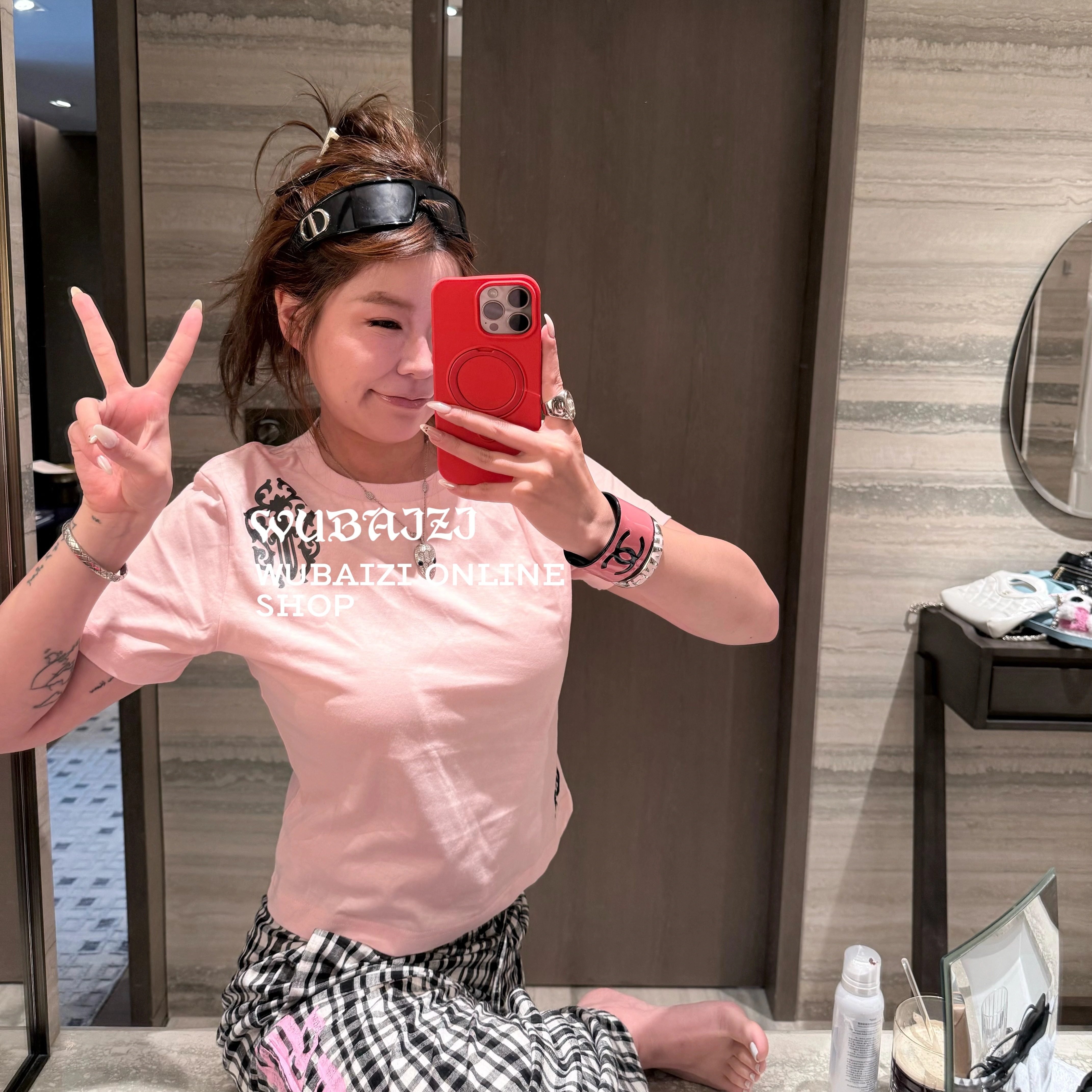 WUBAIZI 自主粉色印花休闲短款短袖T恤女宽松休闲上衣潮2570