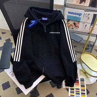 Wassup美式三条杠拉链连帽卫衣开衫外套男青少年2025新款秋冬夹克