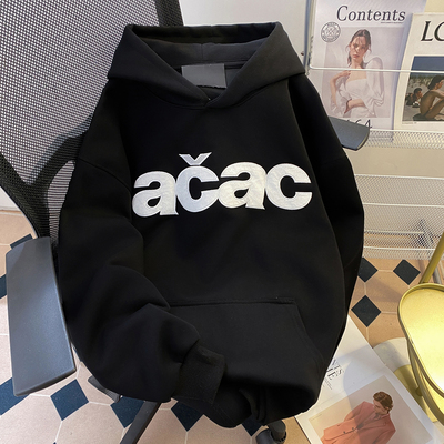 WASSUP美式高街acac字母刺绣连帽卫衣秋冬加绒男女款潮牌外套帽衫