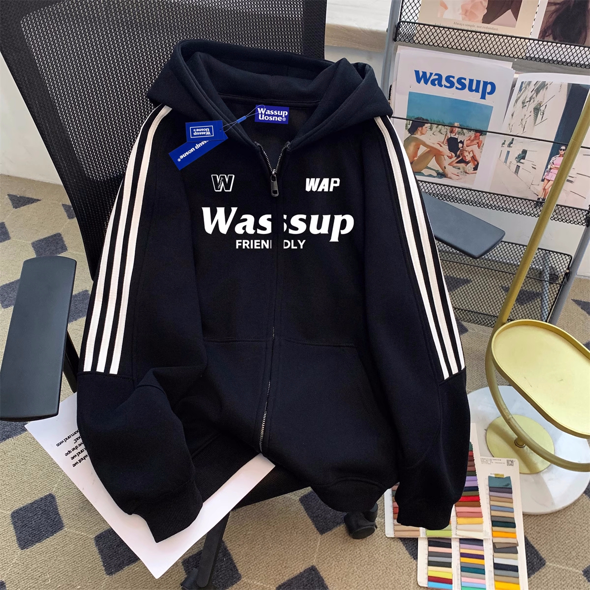 wassup美式高街情侣装开衫拉链卫衣连帽衫男女春秋款潮牌外套夹克