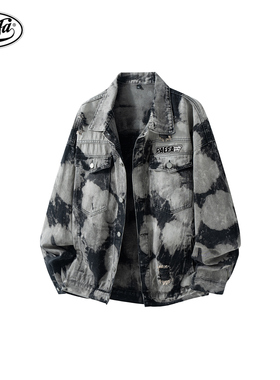 PAEFA美式复古高街扎染品牌LOGO休闲宽松日常百搭牛仔夹克 男女款