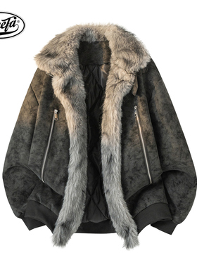 PAEFA 美式高街雾面座山雕大毛领仿狐狸毛设计保暖加厚棉服男女款