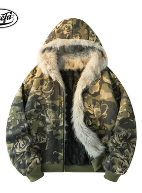 PAEFA 美式连帽迷彩座山雕加绒保暖舒适短款外套面包棉衣服男女款