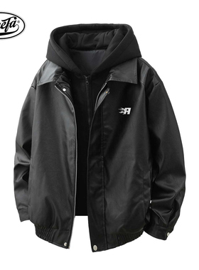 PAEFA美式复古秋冬季字母logoPU皮衣连帽夹克加厚保暖棉服男女款