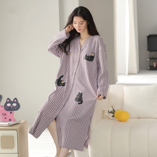 睡裙女款春秋季开衫纯棉长袖女士全棉秋款大码休闲宽松睡袍可外穿