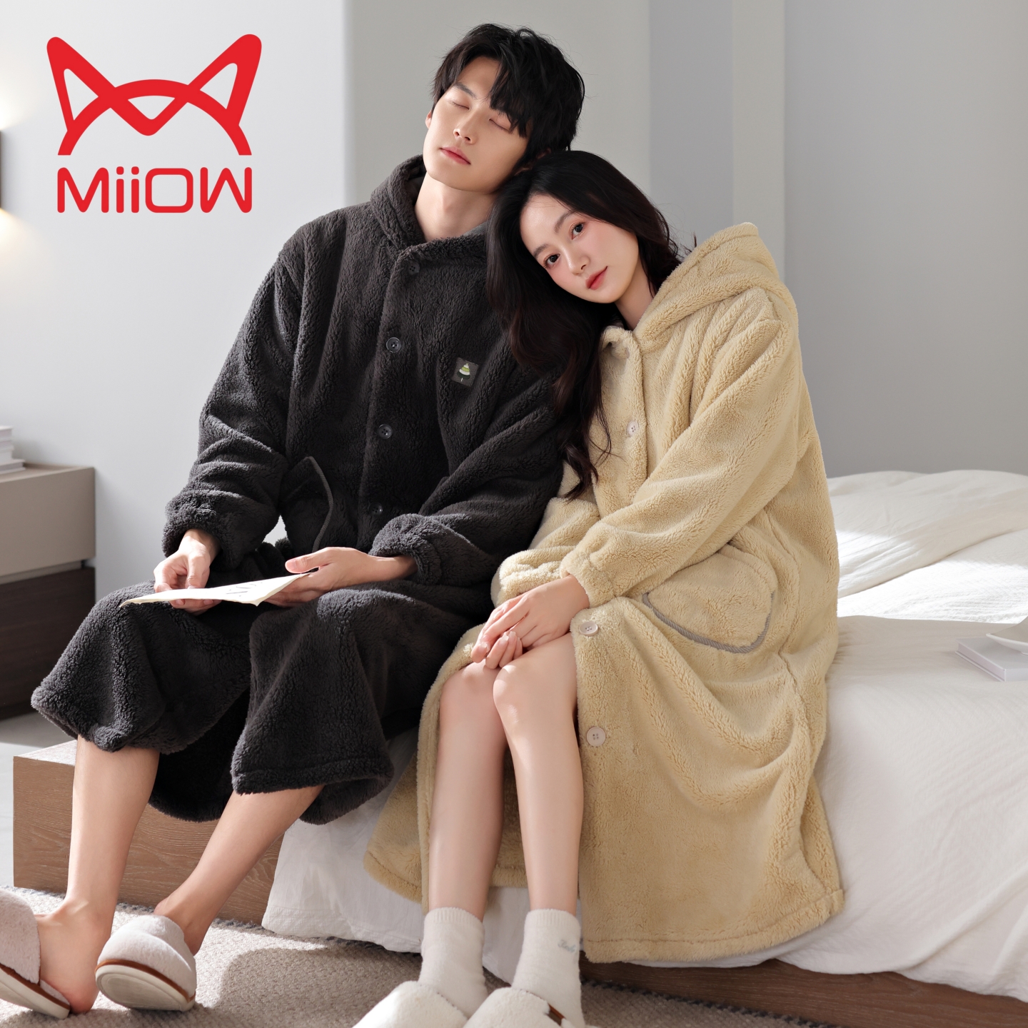 猫人情侣睡袍冬季珊瑚绒加厚加绒