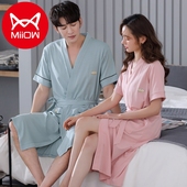 猫人情侣睡袍女士睡衣夏季 和服浴衣家居服 男士 棉绸短袖 浴袍中长款
