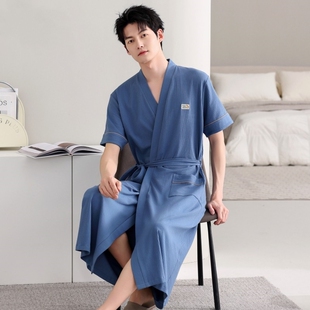 男士睡袍夏季纯棉短袖长款浴袍大码薄款吸水男款夏天会所和服浴衣