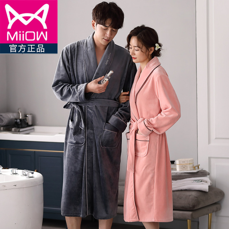 CAT MAN COUPLE NIGHTGOWN ISLAND VELVET THICKENED MENS BATHROBE FEMALE FLANNEL AUTUMN WINTER CORAL FLEECE LOUNGEWEAR PAJAMAS
