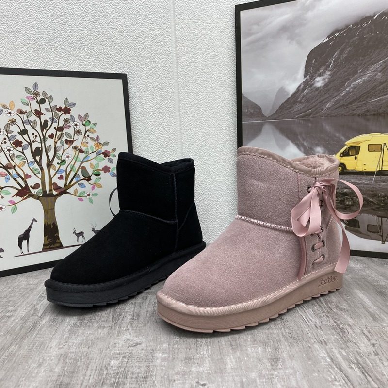 冬季新款女靴子 真皮短筒休闲百搭加厚加绒保暖 可爱蝴蝶结雪地靴