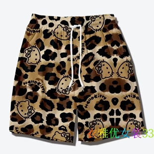 卡通豹纹kt猫短裤男女夏季休闲居家睡裤印花宽松百搭情侣沙滩裤子
