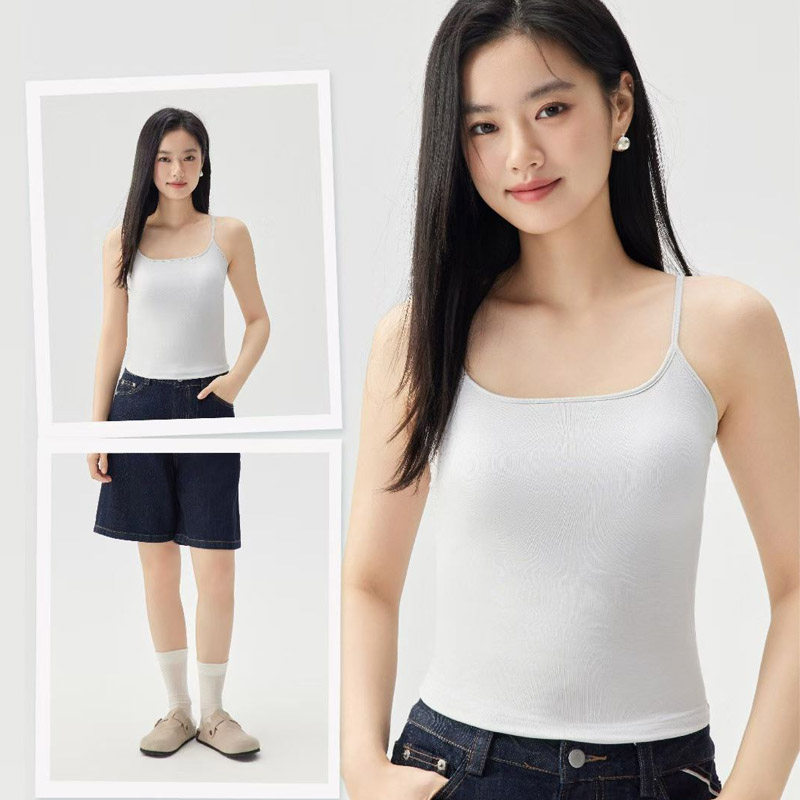 芊织艺春夏女莱赛尔蕾丝美背内垫款吊带免穿文胸打底细带背心1944