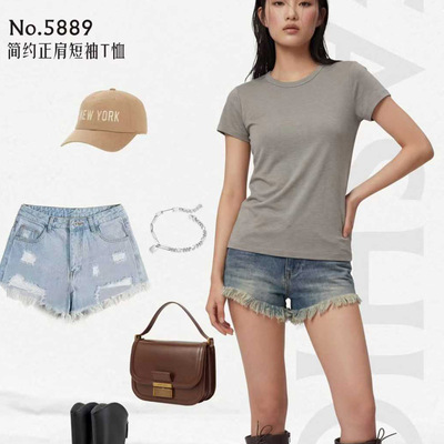 俏安朵2026春夏女正肩圆领基础款云竹棉短袖T恤打底居家上衣5889