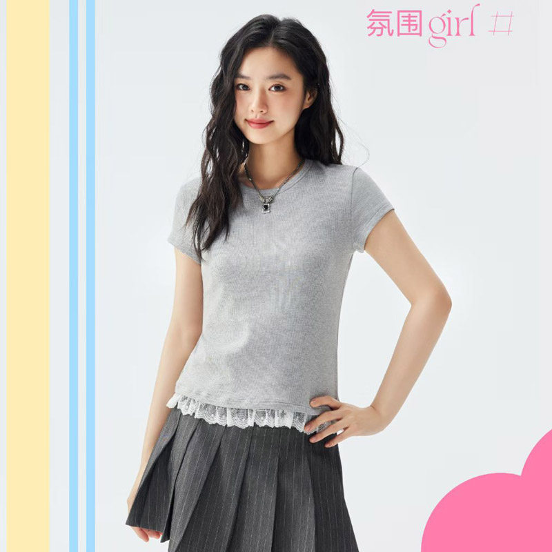 芊织艺2026春夏女莱赛尔棉圆领蕾丝花边下摆甜美基本款短袖T2162