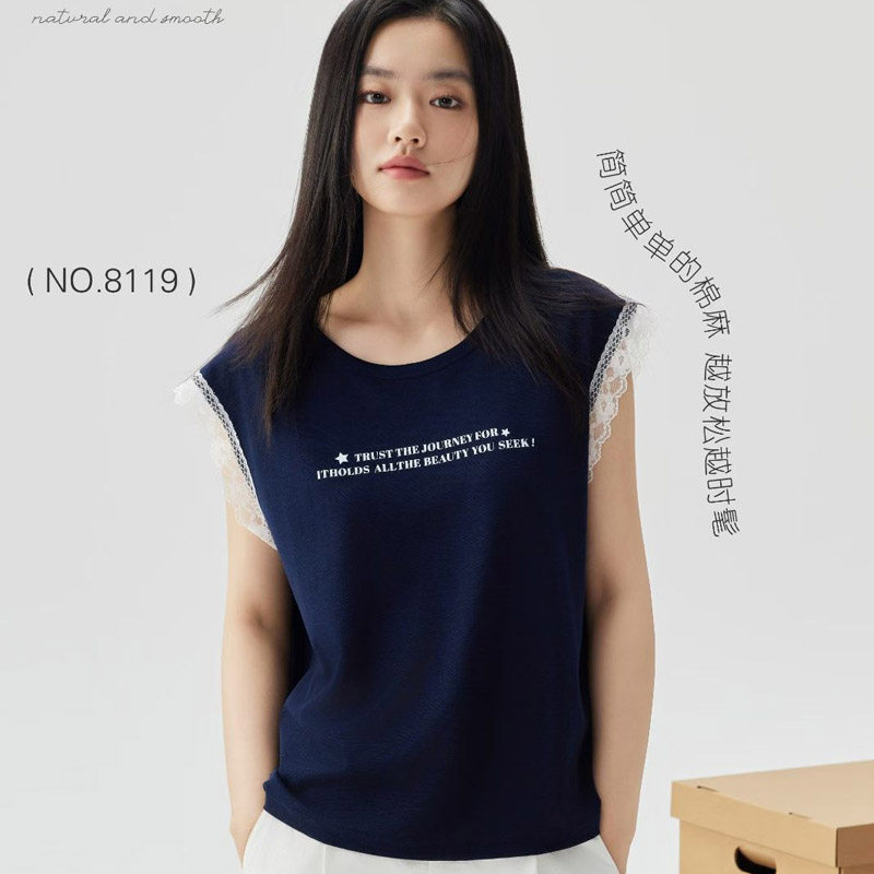 芊织艺2026春夏棉麻系列女蕾丝花边无袖T恤宽松休闲居家背心8119