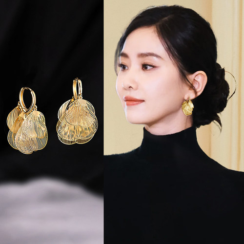 金色镂空银杏叶耳环女小众