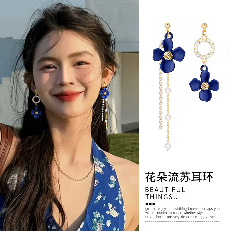 925银针蓝色流苏花朵耳环女新款轻奢不对称耳钉复古独特高级耳饰