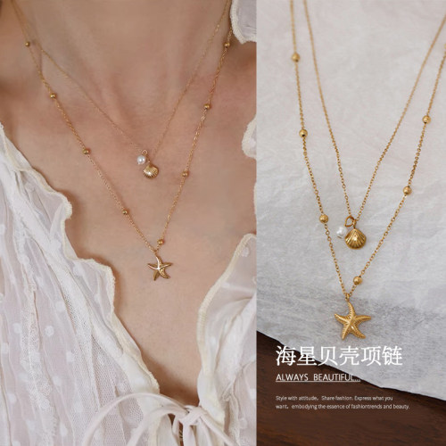 金色海星贝壳项链女双层叠戴颈链