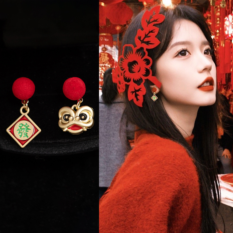 红色醒狮软垫耳夹女无耳洞
