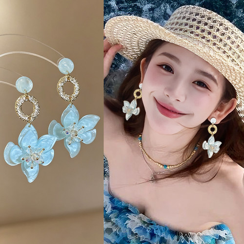 蓝色花朵流苏耳环女夸张漂亮耳饰