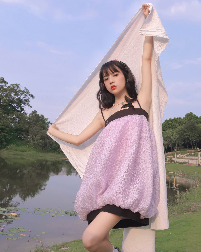 迷路森林原创设计 奶油葡萄 南瓜花苞紫色吊带连衣裙女夏季新品 迷路森林lost Forest 淘优券