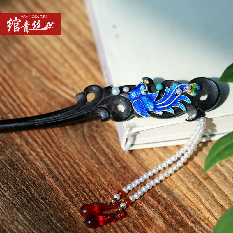 绾青丝凤凰小花发簪子盘发古风珍珠木发簪流苏神棍发簪步摇发钗子