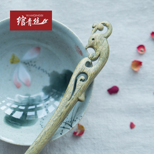 绾青丝绿檀木簪子古典步摇民族风汉服盘发饰品情人节送女友礼物