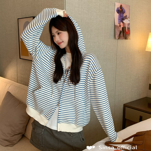 Sinsa×SUSAN-一律一眼心动～连帽条纹休闲日常新款拉链毛衣Si125