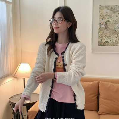 SUSAN-fufu甜妹毛衣早秋韩系甜美撞色木耳边泡泡纱软糯毛衣6288s