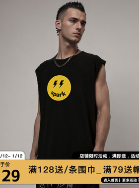 MIRACLE KILLxSPARK INFINITE联名款2025闪电笑脸印花宽松无袖T恤