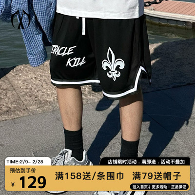 MIRACLEKILL2026潮十字架字母印花口袋拉链宽松休闲黑色短裤男女