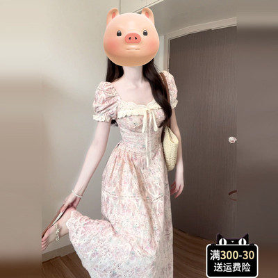 粉色刺绣碎花仙女连衣裙