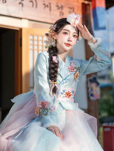韩服立体花朵朝鲜服延吉服饰摄影新款 蓝色彩色裙子摄影 爆款