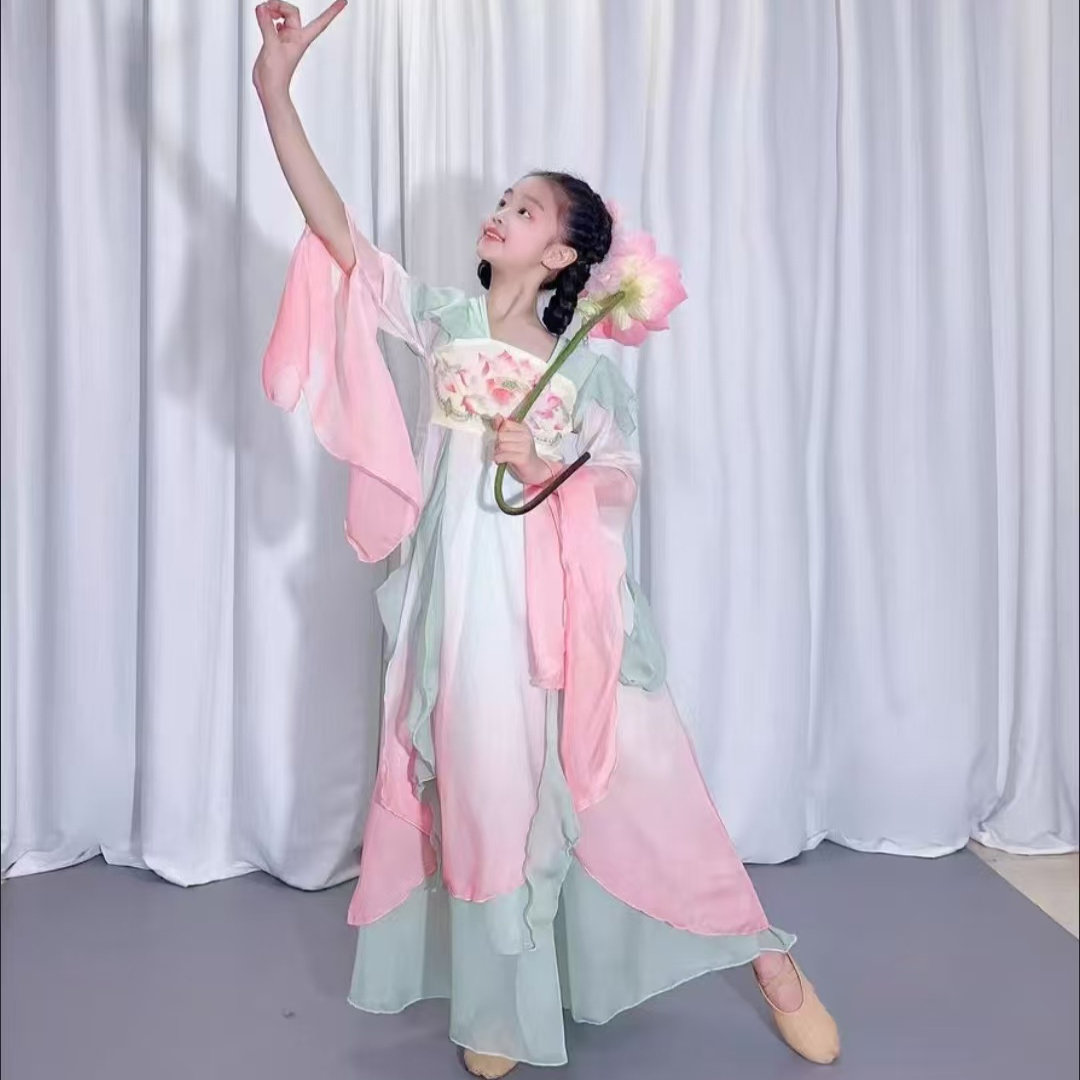 儿童中国舞蹈服飘逸齐胸汉唐纱衣女童古典舞扇子舞演出服装大摆裙