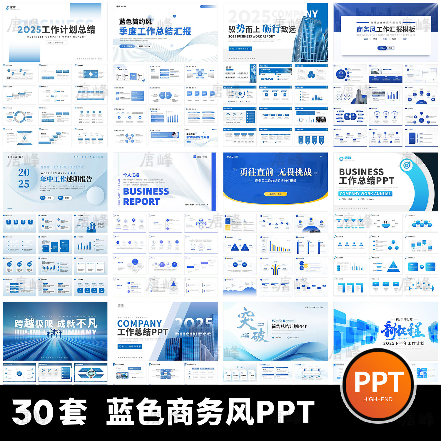 高级感蓝色简约励志商务风年终年中工作总结述职汇报动态ppt模板图片