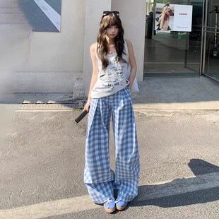 蓝色格子宽松休闲裤子2026春夏季高腰百搭显瘦大码辣妹a字阔腿裤