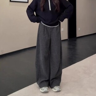复古阔腿格子裤女冬季2025新款梨型身材加厚显瘦垂感休闲直筒长裤